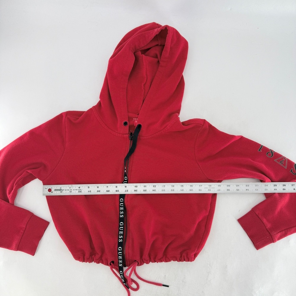 Guess Red Cropped Zip Up Hoodie Long Sleeve Drawstring Hem Logo Graphic Large - Picture 12 of 12